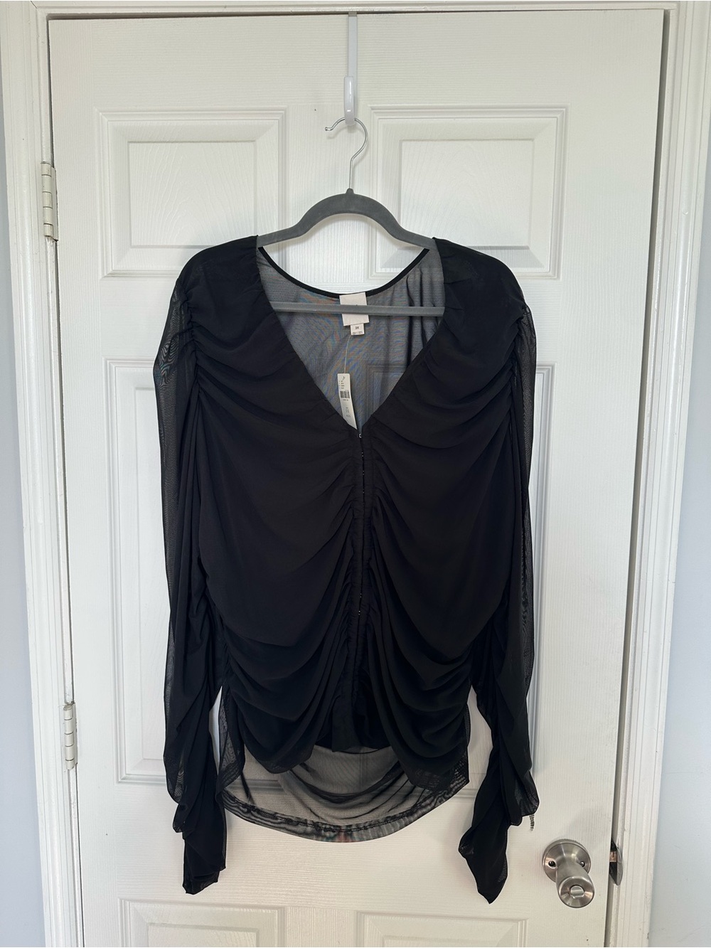 Maeve Black Sheer Ruched V-Neck Long Sleeve Top